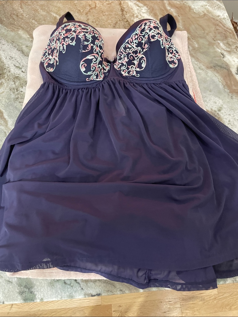 AOGLO 747294 Navy Blue Embroidered Underwire Babydoll Chemise Lingerie - L/XL